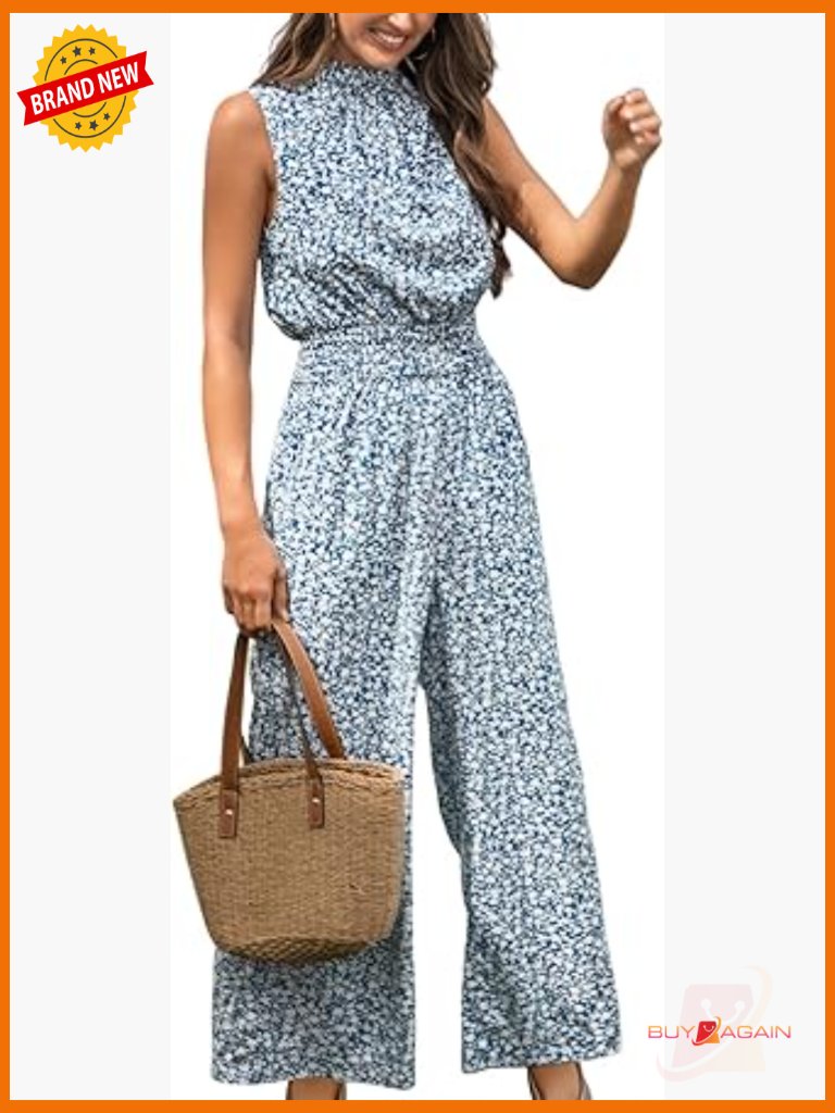 Mock Neck Floral Maxi Jumpsuit With Pockets Elastic Waist Wide Leg